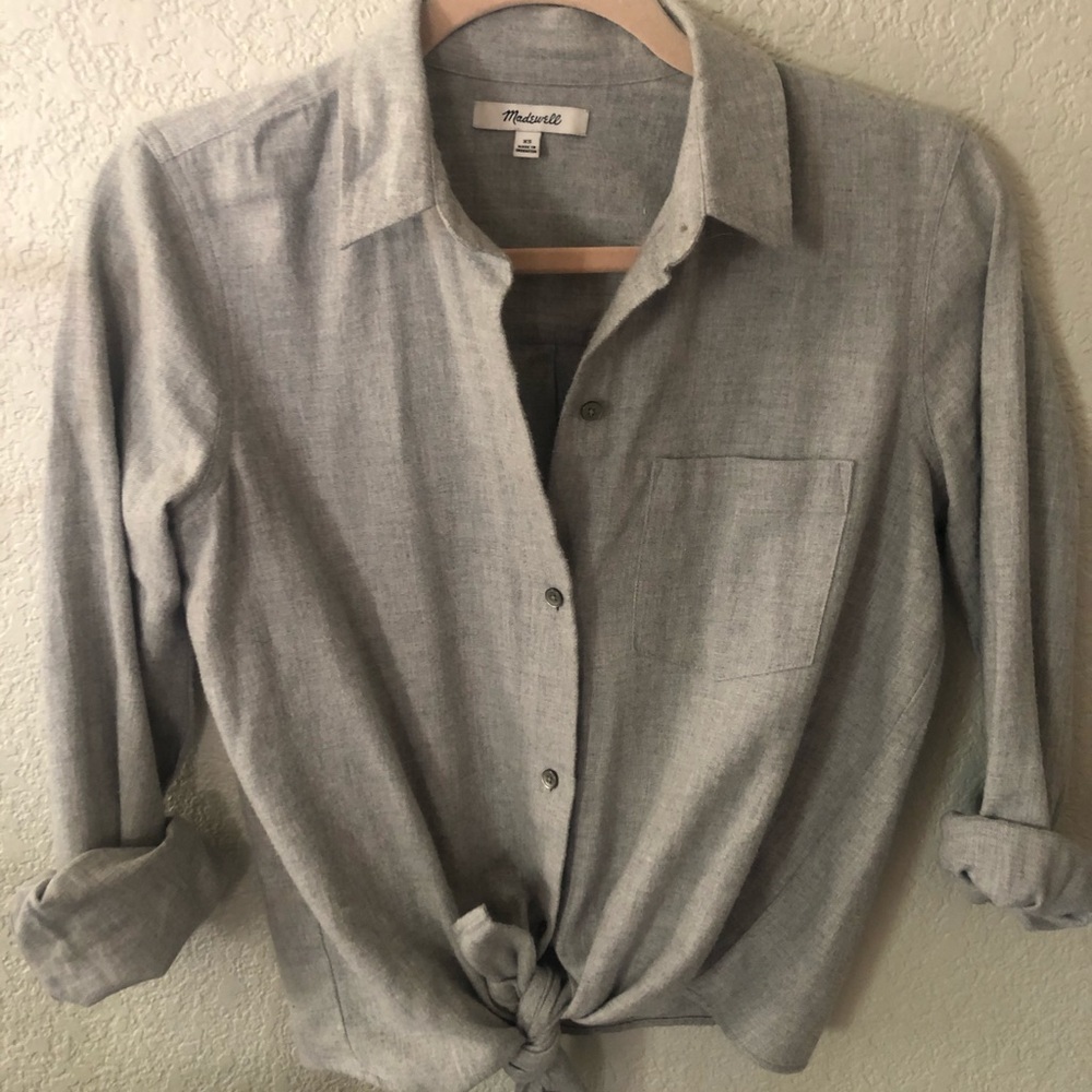Madewell Gray Tie-Front Flannel Button Down